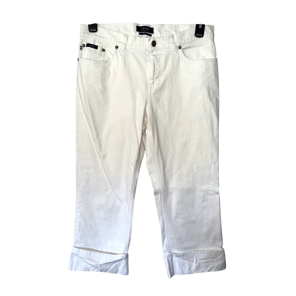 IZOD Jeans White Stretch Denim‎ Capri Pants 10 Cuffed Cropped Mid Rise
